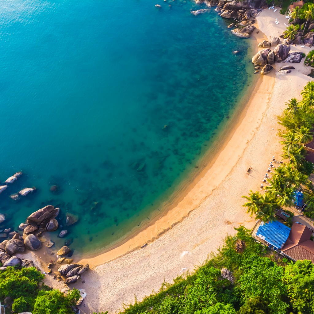 Aerial view of beautiful tropical beach and sea with palm and other tree in koh samui island for travel and vacation