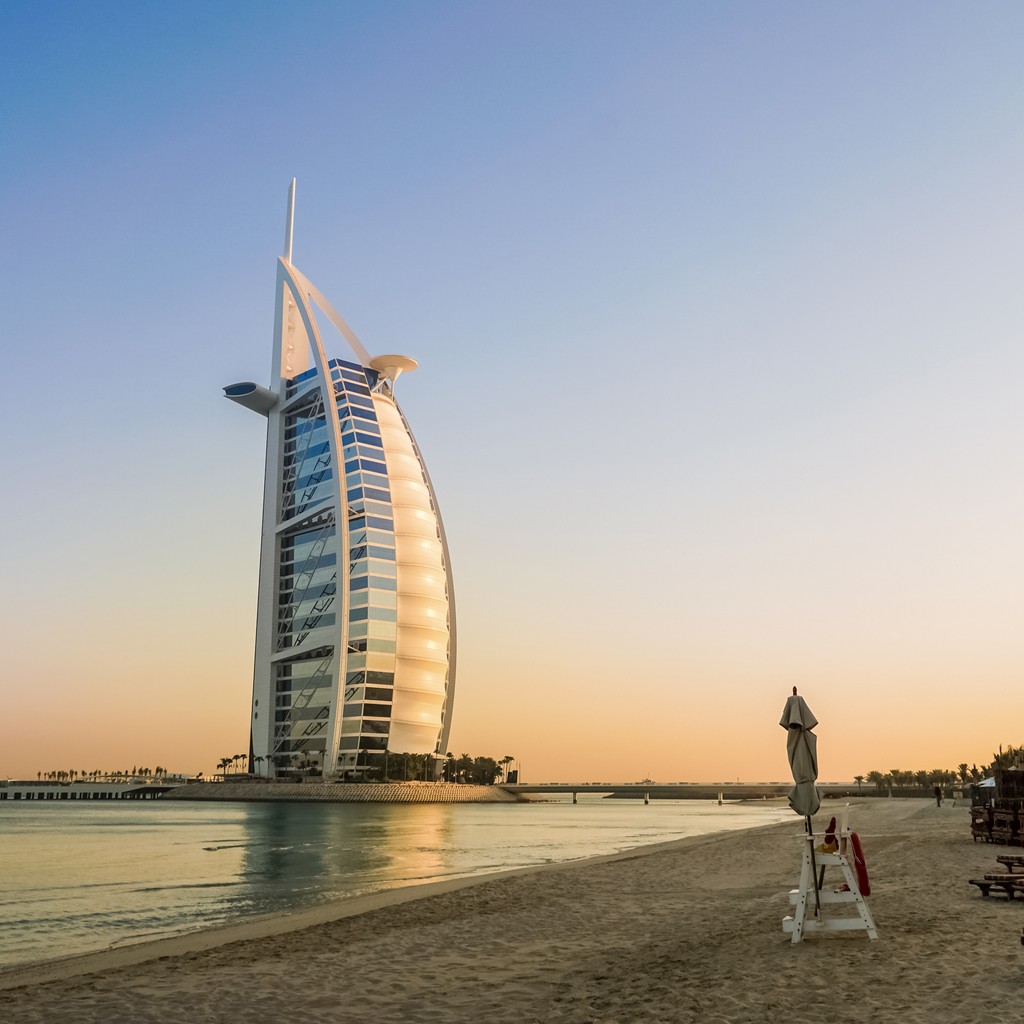 A symbol of prosperity and luxury, the building of the Burj al Arab. Shore Jumeirah the Arabian Gulf in the early morning.